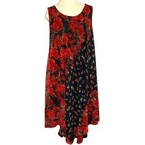 CROCUS Black Red Floral Chiffon Shift Dress Asymmetrical Lagen Look Free Size